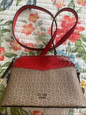 GUESS Red and Brown Logo Crossbody Bag with Chain Accent